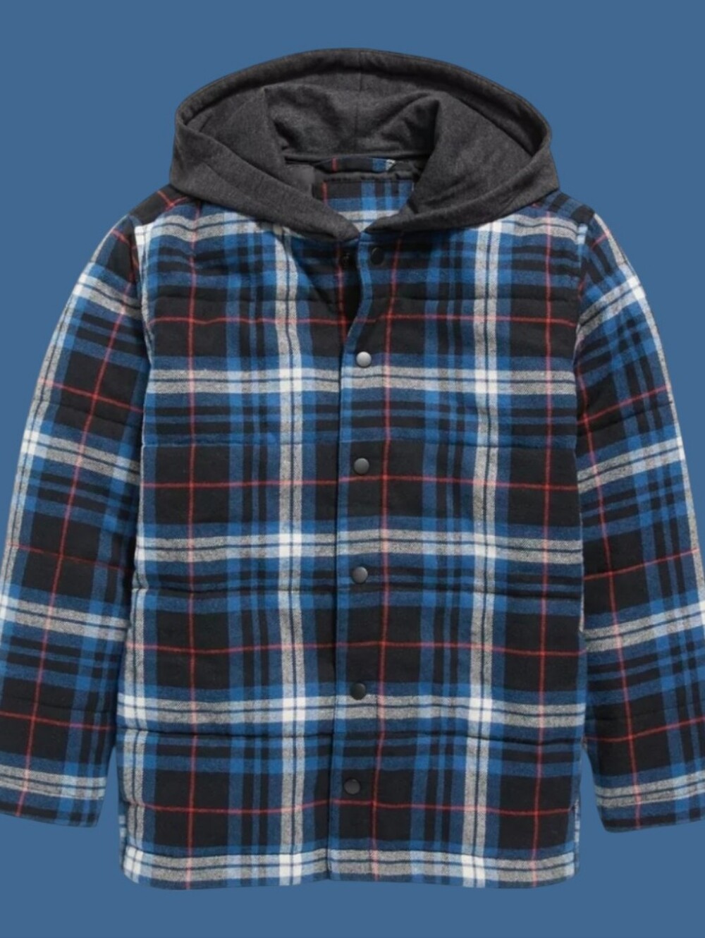 Old Navy Boy's Hooded Blue And Black Puffer Plaid Shirt-Jacket